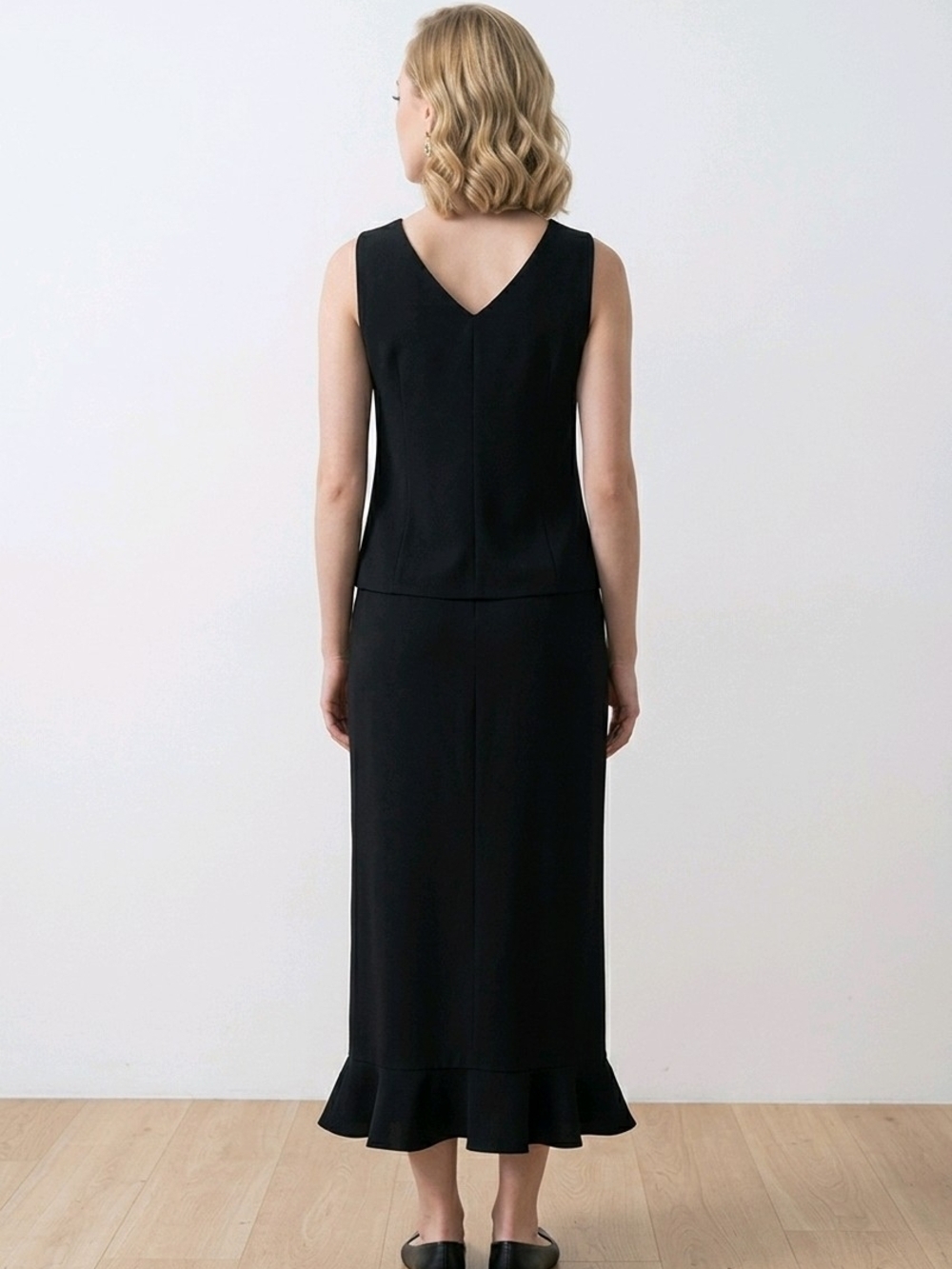 NWT MSK Black Flounce Ruffle Hem Midi Skirt sz Petite Small - Picture 2 of 5